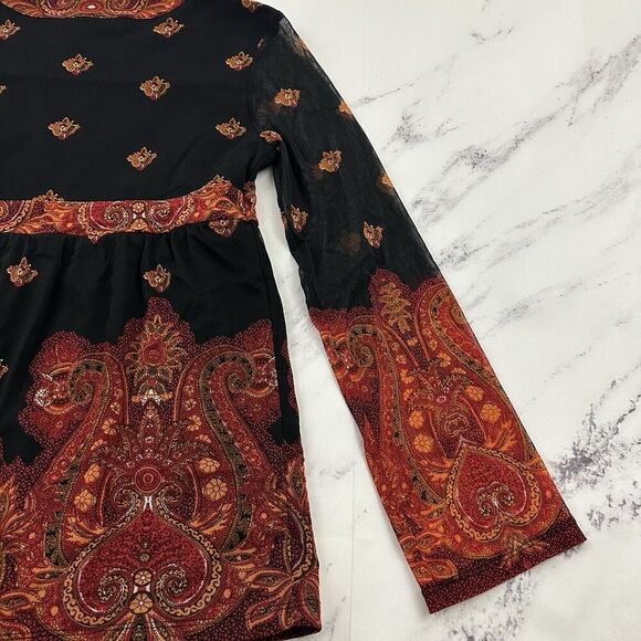 INC Womens Vintage Y2k Babydoll Top Size L Black Orange Paisley Mesh Sheer Trim - Picture 9 of 11